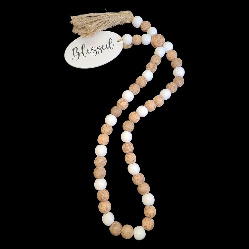 Decorative Wooden Beads Blessed Home‎ Decor White Brown Twine Tassel